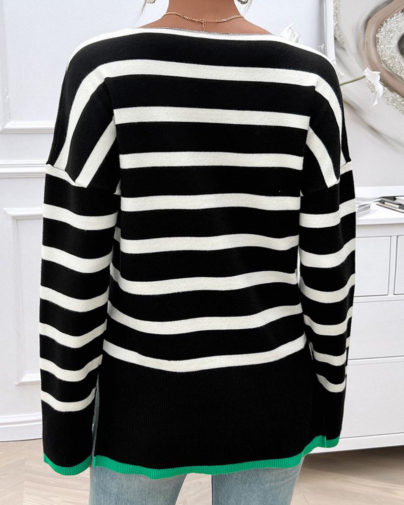 Striped V Neck Long Sleeve Side Slit Knit Sweater