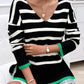 Striped V Neck Long Sleeve Side Slit Knit Sweater