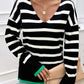 Striped V Neck Long Sleeve Side Slit Knit Sweater