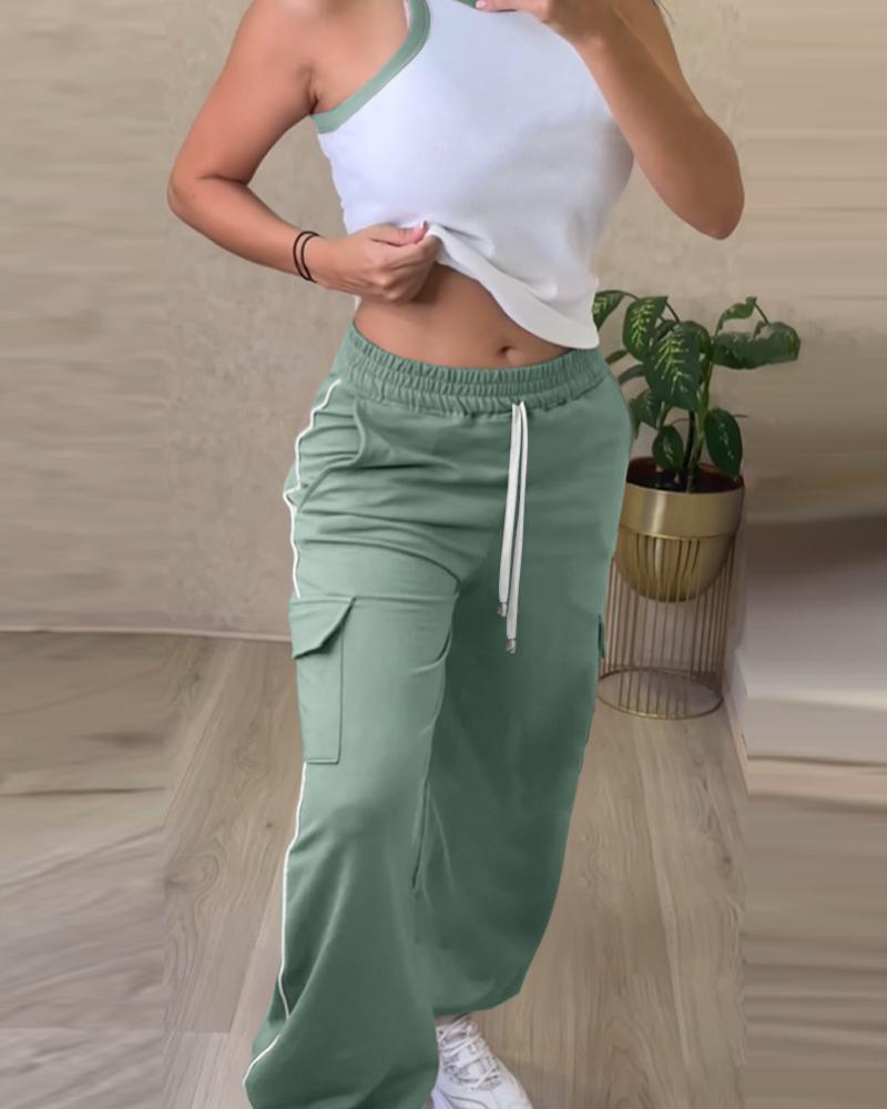 Contrast Binding Ribbed Tank Top & Drawstring Cargo Pants Set