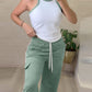 Contrast Binding Ribbed Tank Top & Drawstring Cargo Pants Set