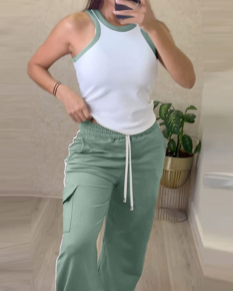 Contrast Binding Ribbed Tank Top & Drawstring Cargo Pants Set