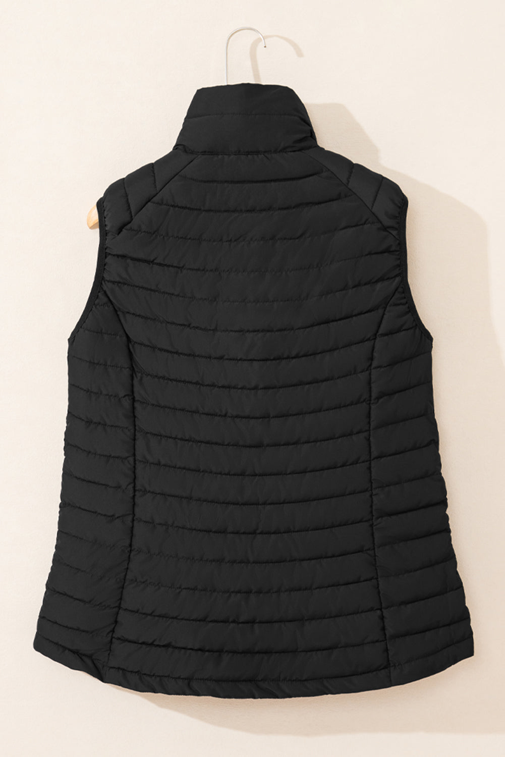 Black Plush Collared Quilted Zipped Puffer Vest