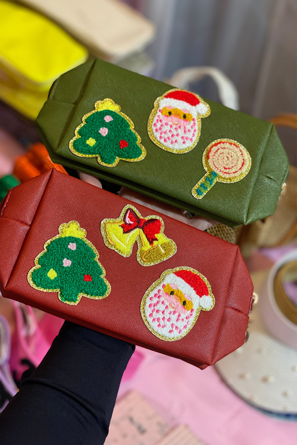 Fiery Red Christmas Pattern Chenille Patched PU Zipper Makeup Bag