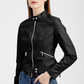 Black Faux Leather Snap Button Stand Neck Zipped Pocket Jacket