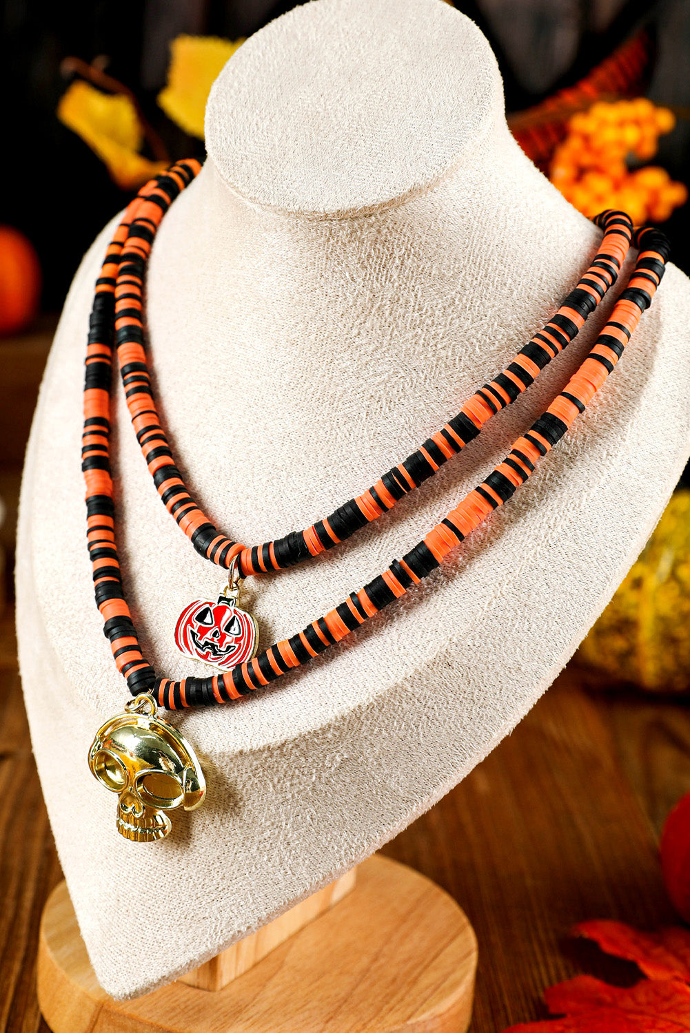 Russet Orange Skull Pumpkin Face Pendant Layered Beaded Halloween Necklace