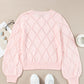 Gossamer Pink Openwork Plaid Puff Sleeve Cropped Sweater