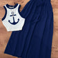 2 Pieces Contrast Paneled Anchor Print  Sleeveless Tank Top and Drastring Strechy Waist Skirt Set