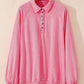 Pink Solid Snap Buttons Collared Balloon Sleeve Oversized Sweatshirt