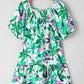 Green Floral Print Shirred Square Neck Loose Fit Mini Dress