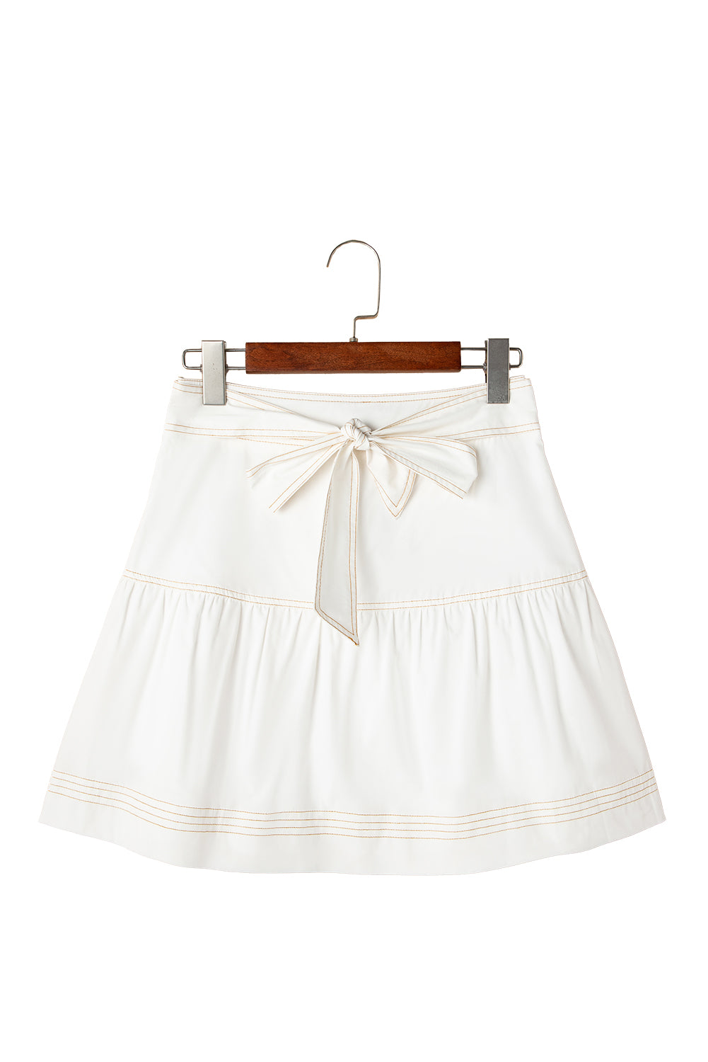 White Contrast Stitching Trim Knotted High Waist A-Line Mini Skirt