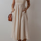 Beige Scoop Neck Ribbed Bodice Pleated Sleeveless Long Dress