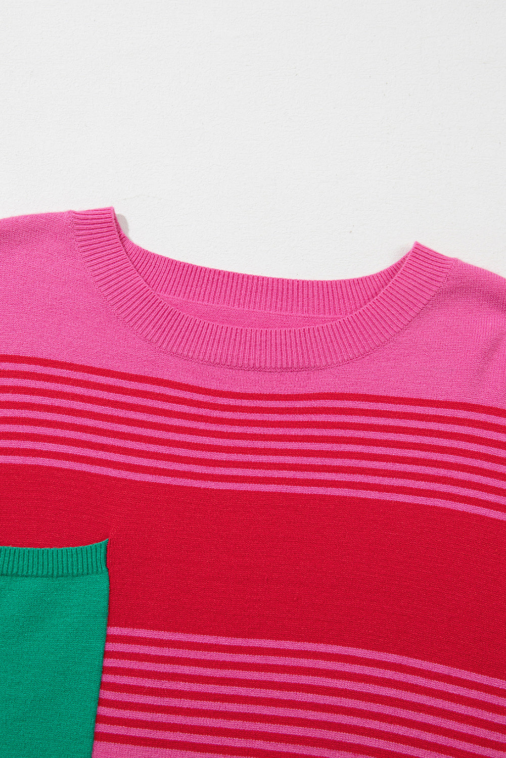 Rose Striped Knit Patch Pocket Drop Shoulder Sweater