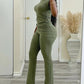 2 Piece Sleeveless Ruched Pullover Tank Top Side Slit Flared Skinny Pants Matching Lounge Set