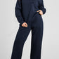 Navy Blue Solid Color Collared Sweatshirt and High Waist Pants Set