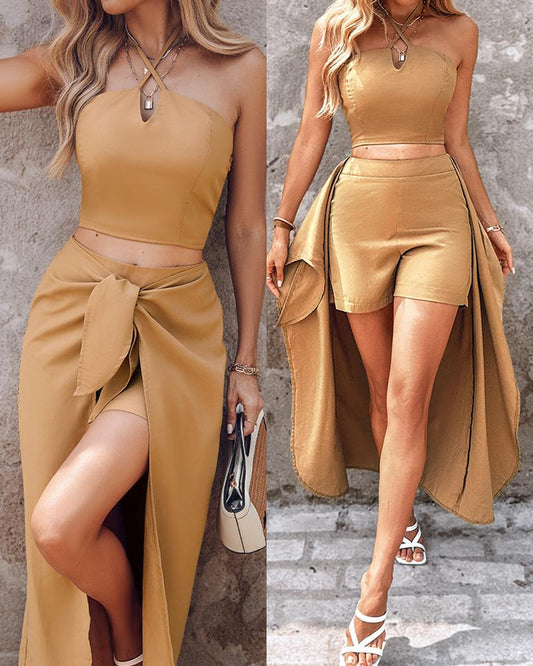 Halter Crop Top & Tied Detail Asymmetrical Skort Set