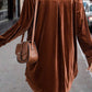 Coffee Plus Size V Neck Collared Pleated Back Rounded Hem Velvet Dress