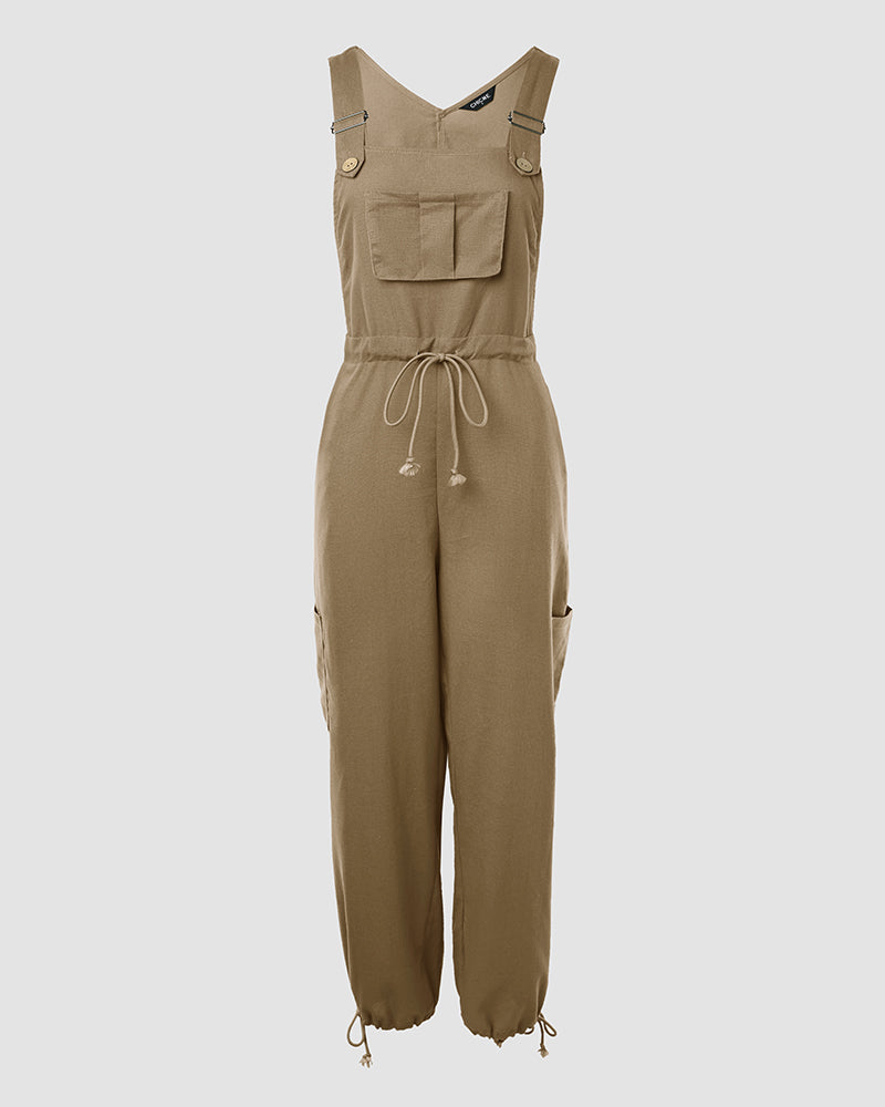 Pocket Design Drawstring Suspender Jumpsuit