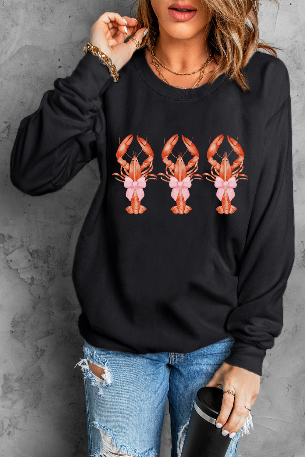 Black Cute Bow Crawfish Printed Drop Shoulder Sweatshirt