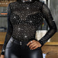 Sheer Mesh Patch Bodysuit Long Sleeve Rhinestone See Through Going Out Top