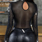 Sheer Mesh Patch Bodysuit Long Sleeve Rhinestone See Through Going Out Top