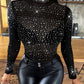 Sheer Mesh Patch Bodysuit Long Sleeve Rhinestone See Through Going Out Top