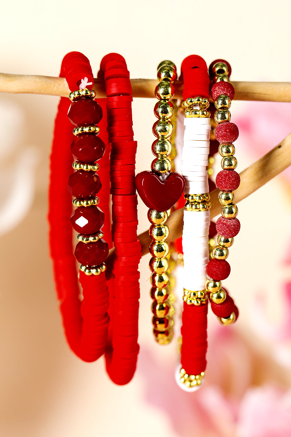 Fiery Red Heart Beaded Multi Layered Elastic Bracelet Set