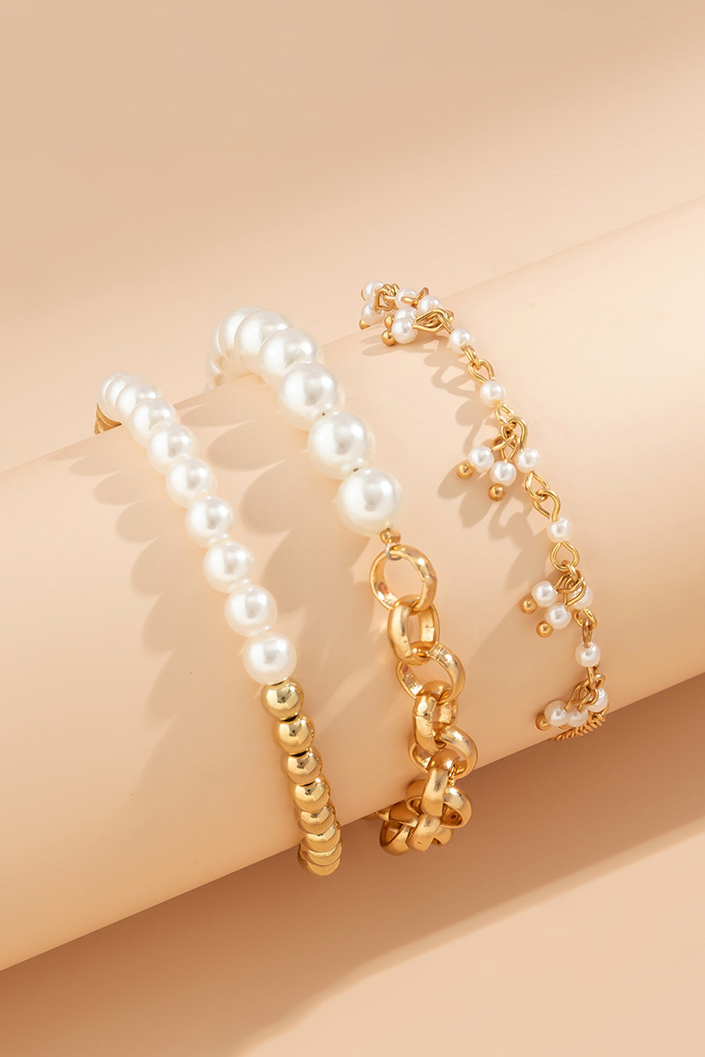 Gold 3pcs Pearl Plated Alloy Beaded Bracelet Set