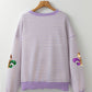 Purple Stripe Sequin Fleur de Lis Patched Pattern Long Sleeve Top