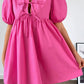 Bright Pink Solid Color Puff Sleeve Tie Front High Waist Mini Dress