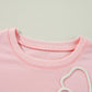 Light Pink Bow Thread Embroidery Ribbed Edge Sweatshirt