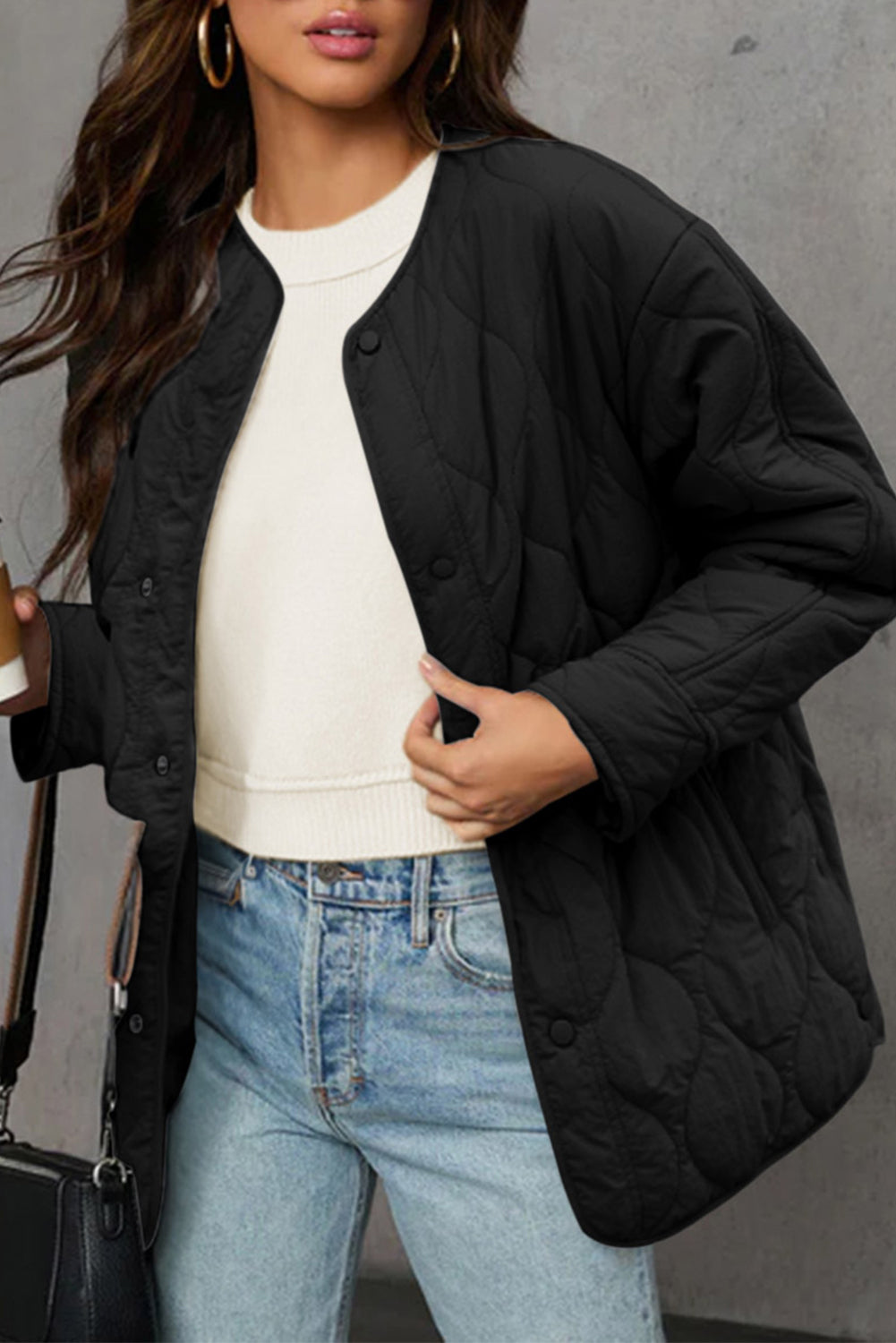 Black Snap Button Quilted Puffer Jacket