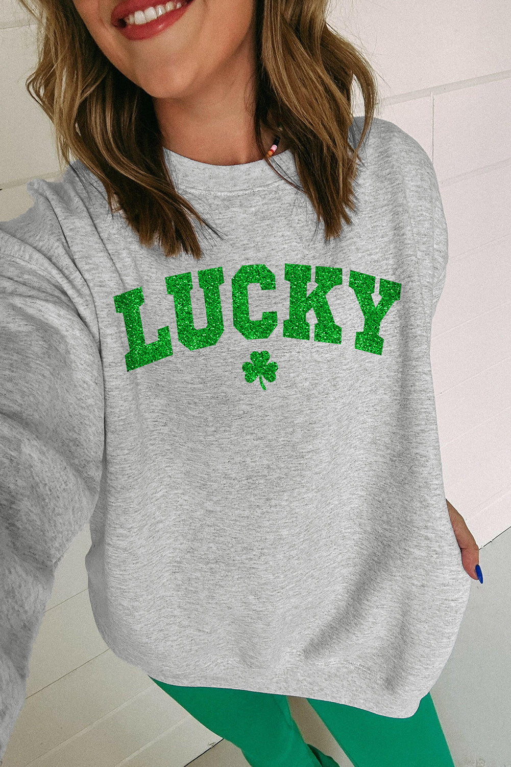 Gray Glitter LUCKY Clover Printed St Patricks Drop Shoulder Sweatshirt