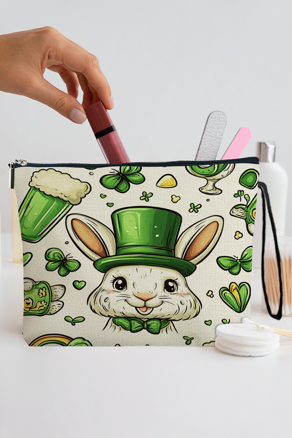 Green St Patricks Pattern Print Zipper Wristlet Canvas Makeup Bag