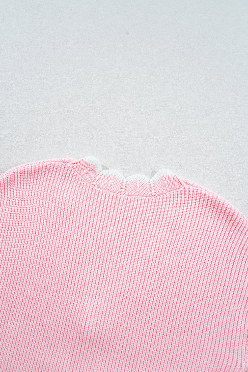 Pink Ribbed Knit Scalloped Edge Side Pockets Buttoned Cardigan