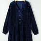 Navy Blue Plus Size Textured Velvet Tiered Button V Neck Dress