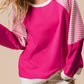 Strawberry Pink Striped Patchwork Crew Neck Raglan Sleeve Top