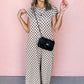 Khaki Checkered Print Buttoned Crew Neck Wide Leg Jumpsuit