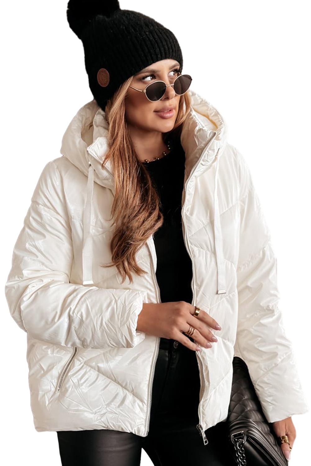 White Solid Quilted Hooded Zip Up Puffer Jackets