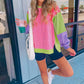 Pink Colorblock Exposed Seam Crewneck Casual Sweatshirt