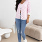 Light Pink Checkered Knitted Lace-up Ruffled 3/4 Sleeve Cardigan