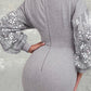 O neck Lantern Sleeve Sequin Patch Bodycon Sweatshirt Dress