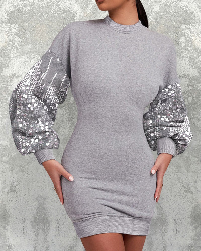 O neck Lantern Sleeve Sequin Patch Bodycon Sweatshirt Dress