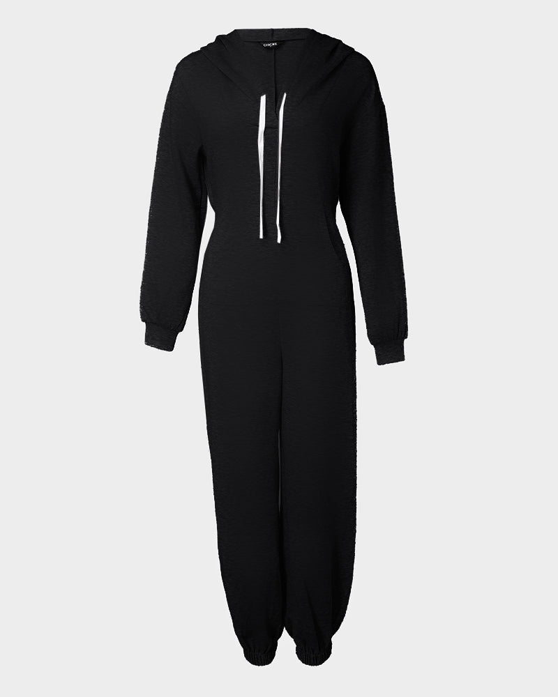 Hooded Kangaroo Pocket Design Stretchy Waist Cuffed Jumpsuit