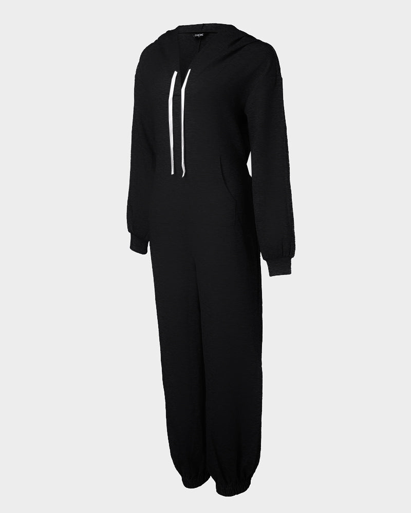 Hooded Kangaroo Pocket Design Stretchy Waist Cuffed Jumpsuit