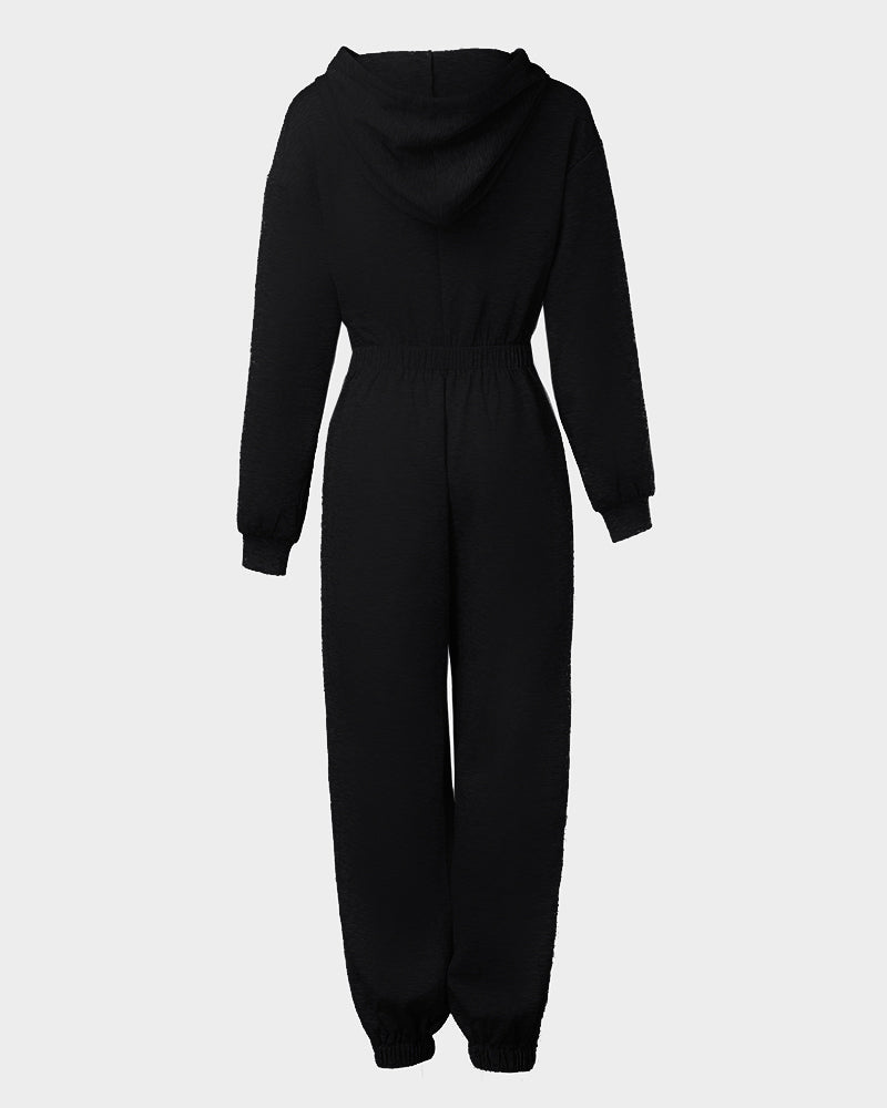 Hooded Kangaroo Pocket Design Stretchy Waist Cuffed Jumpsuit