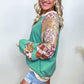 Sky Blue Plus Size Plaid Floral Patchwork Raglan Sleeve Sweatshirt