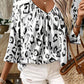 Black Leopard Print Ruched V Neck 3/4 Sleeve Blouse