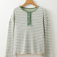 Green Stripe Textured Frilly Trim Buttons Henley Long Sleeve Top