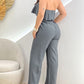 Bandeau Sleeveless Ruffles Jumpsuit with Belt Casual Waist Pocket Design Loose Fit Romper